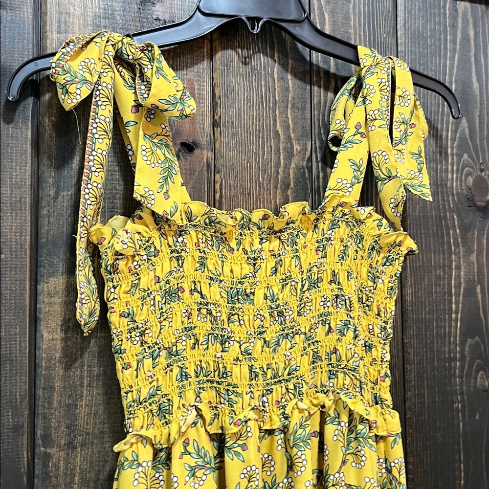 Boho Yellow Floral Tiered Maxi Dress M Smocked Flowy Romantic Euro Summer Chic - Picture 10 of 14